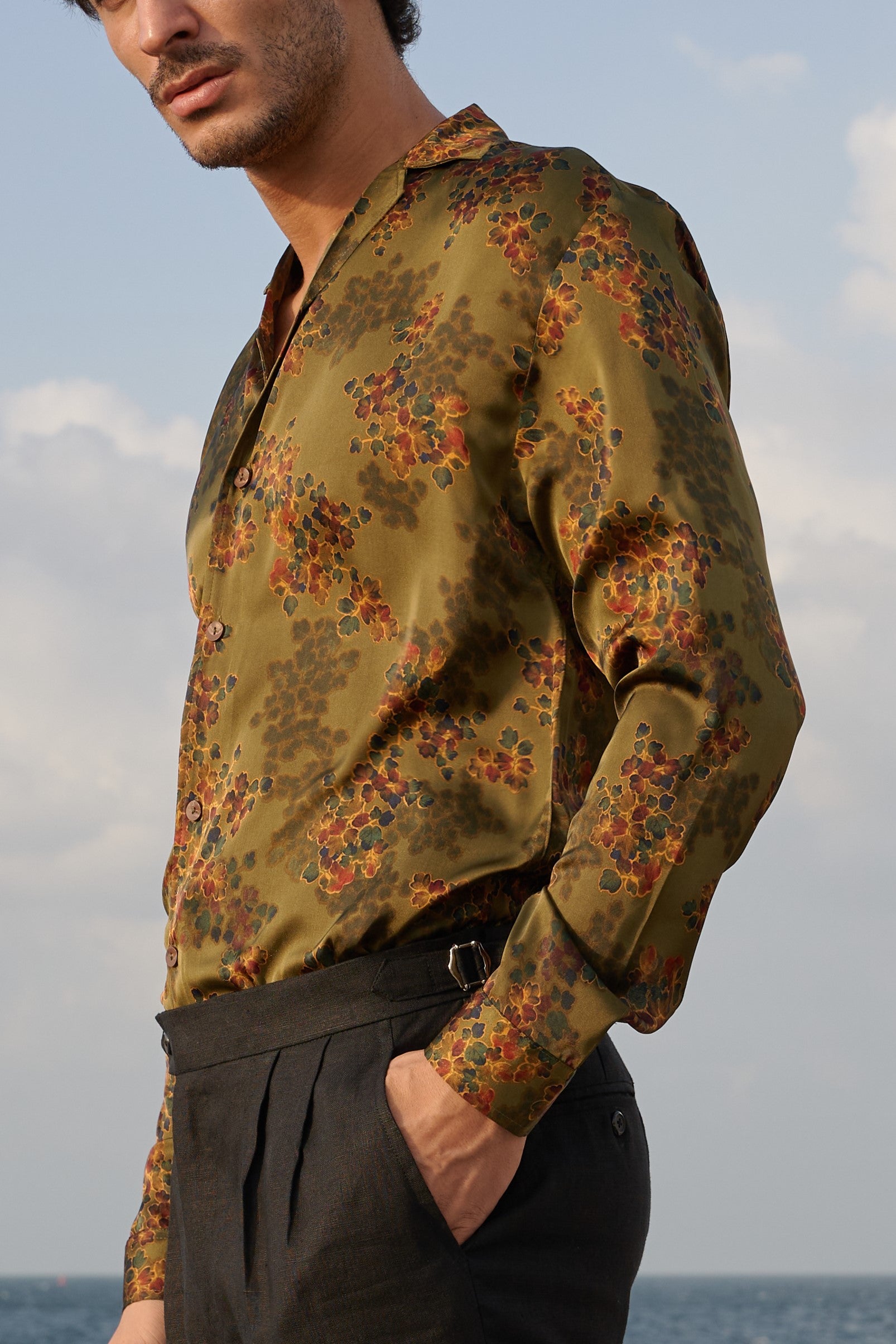 Olive Green Floral Long Sleeves Shirt